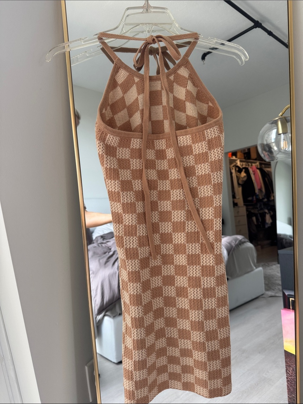 Pink Lily Tan Checkered Knit Mini Dress - Picture 2 of 5